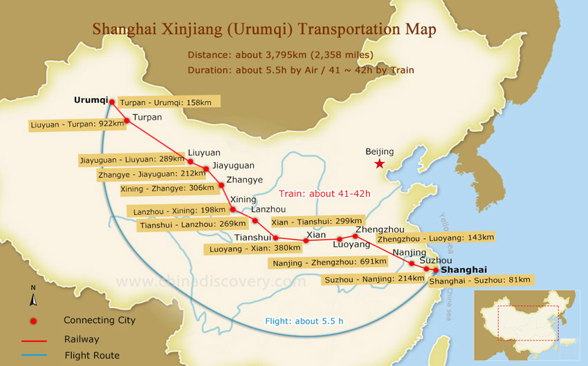 Shanghai to Urumqi Map
