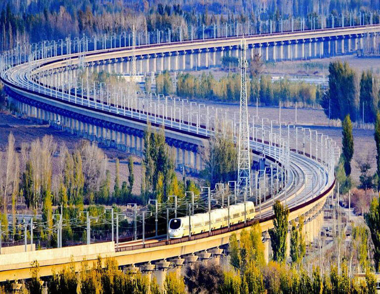 A Bullet Train Running on the High Speed Rail in Xinjiang