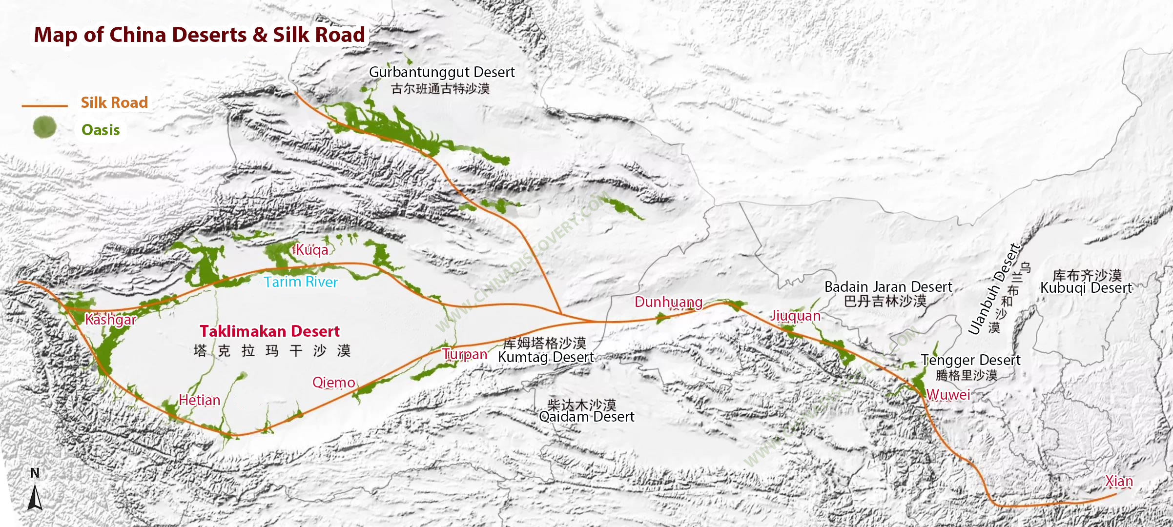 Map of China Deserts and Silk Road