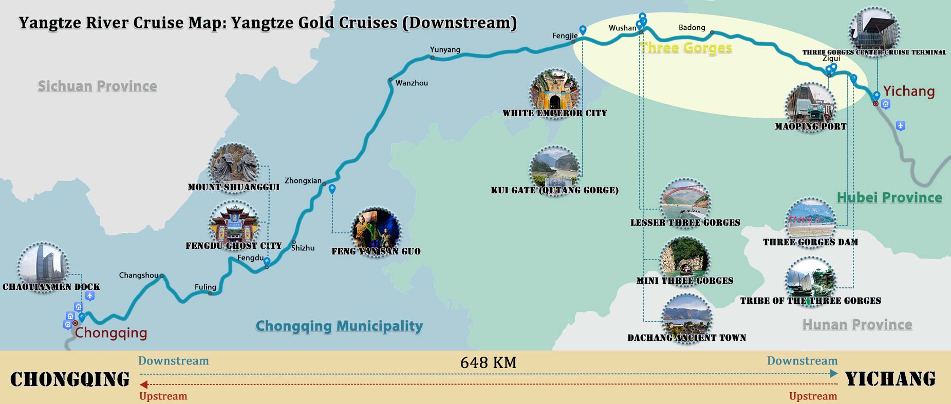 Map of Yangtze Gold 7 Cruise Itinerary