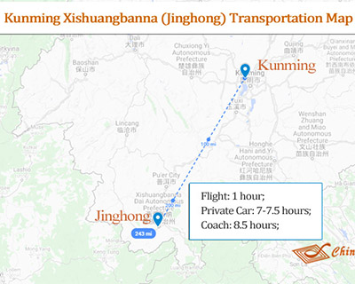 Kunming to Xishuangbanna Map