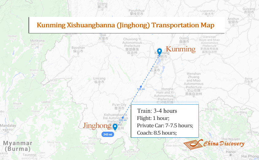 Kunming to Xishuangbanna Map