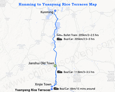 Kunming to Yuanyang Map